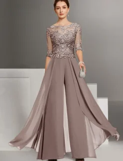 Jumpsuit Mother of the Bride Wedding Guest Church Elegant Petite Bateau Neck Floor Length Chiffon Half Sleeve with Appliques