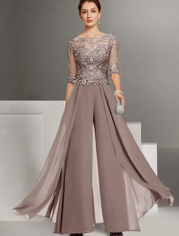 Jumpsuit Mother of the Bride Wedding Guest Church Elegant Petite Bateau Neck Floor Length Chiffon Half Sleeve with Appliques