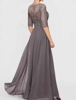 Jumpsuit Mother of the Bride Wedding Guest Church Elegant Petite Bateau Neck Floor Length Chiffon Half Sleeve with Appliques