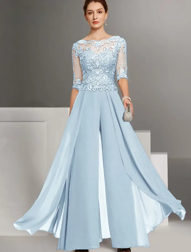 Jumpsuit Mother of the Bride Wedding Guest Church Elegant Petite Bateau Neck Floor Length Chiffon Half Sleeve with Appliques