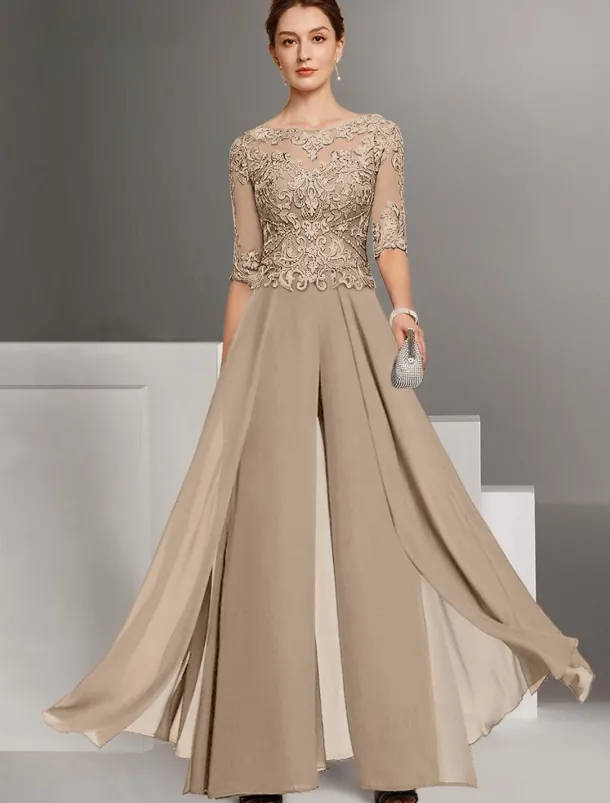 Jumpsuit Mother of the Bride Wedding Guest Church Elegant Petite Bateau Neck Floor Length Chiffon Half Sleeve with Appliques