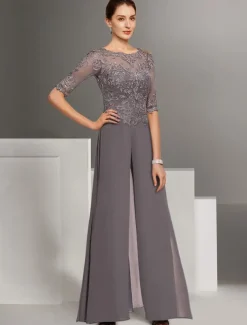 Jumpsuit Mother of the Bride Wedding Guest Church Elegant Petite Bateau Neck Floor Length Chiffon Half Sleeve with Appliques