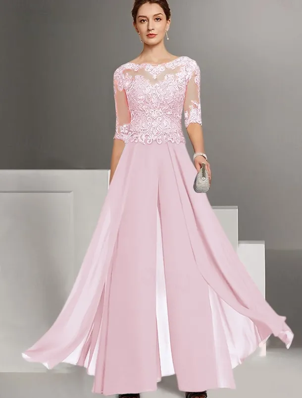 Jumpsuit Mother of the Bride Wedding Guest Church Elegant Petite Bateau Neck Floor Length Chiffon Half Sleeve with Appliques