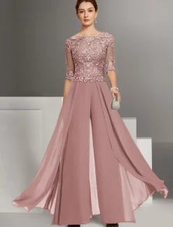 Jumpsuit Mother of the Bride Wedding Guest Church Elegant Petite Bateau Neck Floor Length Chiffon Half Sleeve with Appliques