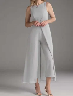 Jumpsuit Mother of the Bride Wedding Guest Elegant Simple Minimalist Jewel Neck Ankle Length Polyester Sleeveless with Pleats Ruching Solid Color