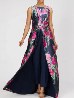 Jumpsuits A-Line Evening Gown Elegant Dress Formal Wedding Guest Floor Length Sleeveless Boat Neck Satin with Floral Print Pocket