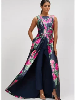 Jumpsuits A-Line Evening Gown Elegant Dress Formal Wedding Guest Floor Length Sleeveless Boat Neck Satin with Floral Print Pocket