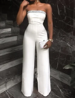 Jumpsuits Elegant Dress Wedding Guest Prom Floor Length Sleeveless Strapless Stretch Fabric with Sequin Pure Color