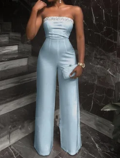 Jumpsuits Elegant Dress Wedding Guest Prom Floor Length Sleeveless Strapless Stretch Fabric with Sequin Pure Color