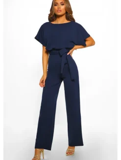 Jumpsuits Elegant Dress Wedding Guest Engagement Floor Length Short Sleeve Boat Neck with Strappy dress to impress