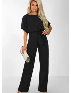 Jumpsuits Elegant Dress Wedding Guest Engagement Floor Length Short Sleeve Boat Neck with Strappy dress to impress