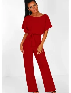 Jumpsuits Elegant Dress Wedding Guest Engagement Floor Length Short Sleeve Boat Neck with Strappy dress to impress