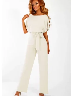 Jumpsuits Elegant Dress Wedding Guest Engagement Floor Length Short Sleeve Boat Neck with Strappy dress to impress