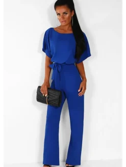 Jumpsuits Elegant Dress Wedding Guest Engagement Floor Length Short Sleeve Boat Neck with Strappy dress to impress