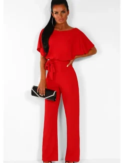 Jumpsuits Elegant Dress Wedding Guest Engagement Floor Length Short Sleeve Boat Neck with Strappy dress to impress