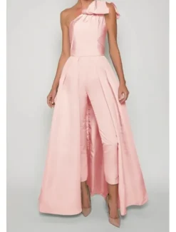 Jumpsuits Evening Gown Elegant Dress Formal Wedding Guest Floor Length Sleeveless One Shoulder Convertible Stretch Fabric with Bow(s) Pleats Overskirt