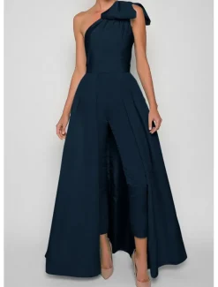 Jumpsuits Evening Gown Elegant Dress Formal Wedding Guest Floor Length Sleeveless One Shoulder Convertible Stretch Fabric with Bow(s) Pleats Overskirt