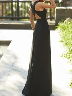 Jumpsuits Evening Gown Elegant Prom Birthday Floor Length Sleeveless Jewel Neck Fall Wedding Guest Stretch Chiffon with Criss Cross Pure Color free custom size