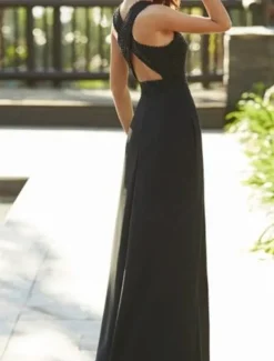 Jumpsuits Evening Gown Elegant Prom Birthday Floor Length Sleeveless Jewel Neck Fall Wedding Guest Stretch Chiffon with Criss Cross Pure Color free custom size