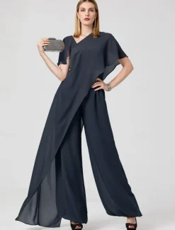 Jumpsuits Evening Gown Elegant Dress Summer Floor Length Short Sleeve V Neck Detachable Chiffon with Criss Cross