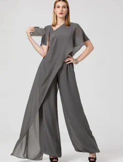 Jumpsuits Evening Gown Elegant Dress Summer Floor Length Short Sleeve V Neck Detachable Chiffon with Criss Cross