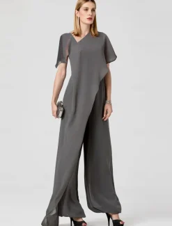 Jumpsuits Evening Gown Elegant Dress Summer Floor Length Short Sleeve V Neck Detachable Chiffon with Criss Cross