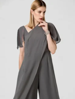 Jumpsuits Evening Gown Elegant Dress Summer Floor Length Short Sleeve V Neck Detachable Chiffon with Criss Cross