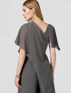 Jumpsuits Evening Gown Elegant Dress Summer Floor Length Short Sleeve V Neck Detachable Chiffon with Criss Cross