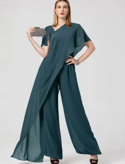 Jumpsuits Evening Gown Elegant Dress Summer Floor Length Short Sleeve V Neck Detachable Chiffon with Criss Cross