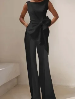 Jumpsuits Evening Gown Elegant Dress Wedding Wedding Guest Floor Length Sleeveless Boatneck Satin with Floral Bows Asymmetrical Hem