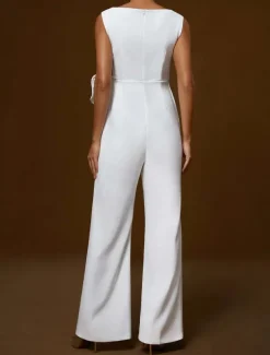 Jumpsuits Evening Gown Elegant Dress Wedding Wedding Guest Floor Length Sleeveless Boatneck Satin with Floral Bows Asymmetrical Hem