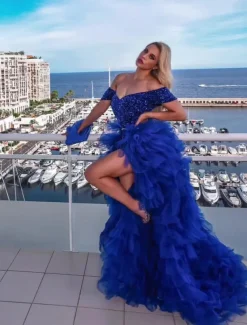 Jumpsuits Evening Gown Sparkle & Shine Dress Masquerade Quinceanera Court Train Short Sleeve Off Shoulder Detachable Sequined with Overskirt Pure Color