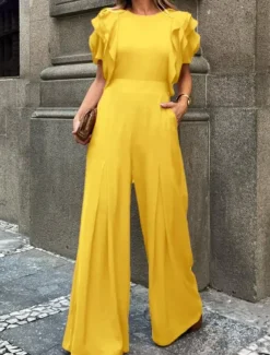 Jumpsuits Evening Gown Vintage Dress Semi Formal Wedding Guest Floor Length Sleeveless Crew Neck Stretch Crepe with Ruffles