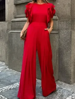 Jumpsuits Evening Gown Vintage Dress Semi Formal Wedding Guest Floor Length Sleeveless Crew Neck Stretch Crepe with Ruffles