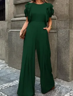 Jumpsuits Evening Gown Vintage Dress Semi Formal Wedding Guest Floor Length Sleeveless Crew Neck Stretch Crepe with Ruffles