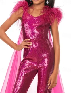 Jumpsuits Floor Length Flower Girl Dress Feather Dress Pageant & Performance Juniors Cute Prom Dress Organza with Feathers / Fur Sparkle & Shine Disco Fit 3-16 Years dress to impress