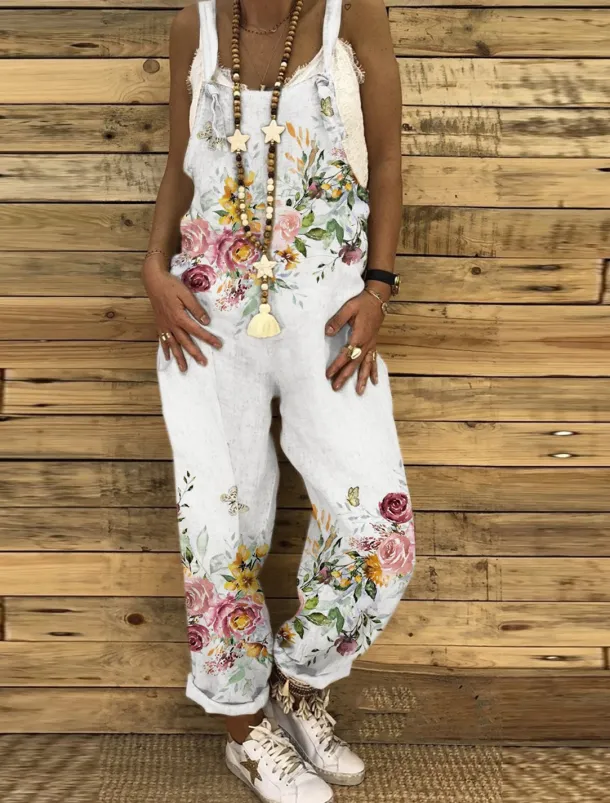 Jumpsuits for Women Floral Dungarees Overall Button Pocket Animal U Neck Holiday Daily Vacation Straight Regular Fit Sleeveless Sleeveless Black White Green S M L