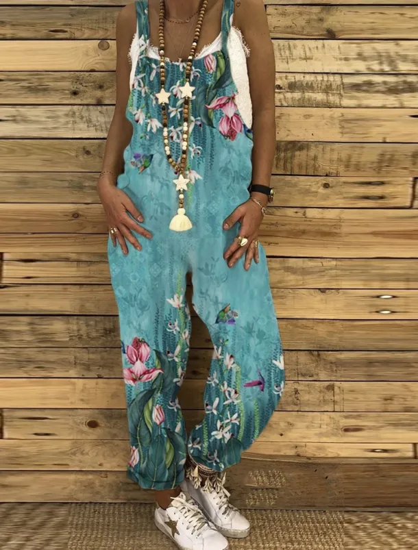 Jumpsuits for Women Floral Dungarees Overall Button Pocket Animal U Neck Holiday Daily Vacation Straight Regular Fit Sleeveless Sleeveless Black White Green S M L