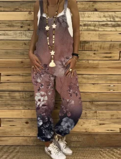 Jumpsuits for Women Floral Dungarees Overall Button Pocket Animal U Neck Holiday Daily Vacation Straight Regular Fit Sleeveless Sleeveless Black White Green S M L