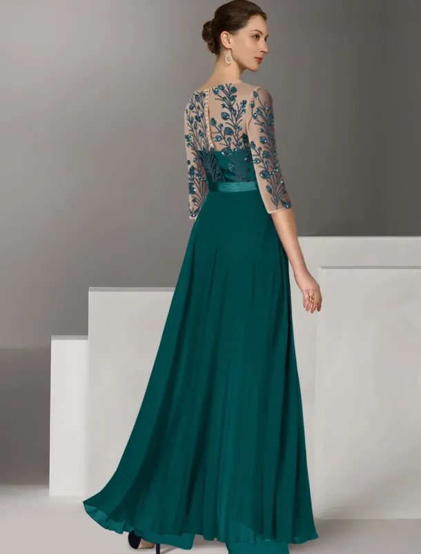 Jumpsuits Mother of the Bride Beach Wedding Elegant Illusion Neck Floor Length Stretch Chiffon 3/4 Length Sleeve with Lace Solid Color