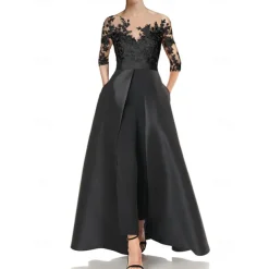 Jumpsuits Mother of the Bride Wedding Guest Elegant Party Jewel Neck Floor Length Satin 3/4 Length Sleeve with Appliques Solid Color