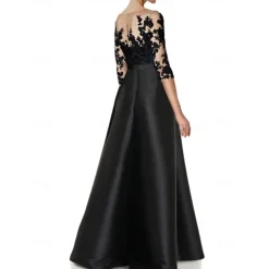 Jumpsuits Mother of the Bride Wedding Guest Elegant Party Jewel Neck Floor Length Satin 3/4 Length Sleeve with Appliques Solid Color