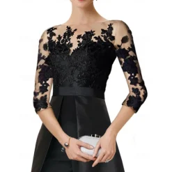 Jumpsuits Mother of the Bride Wedding Guest Elegant Party Jewel Neck Floor Length Satin 3/4 Length Sleeve with Appliques Solid Color