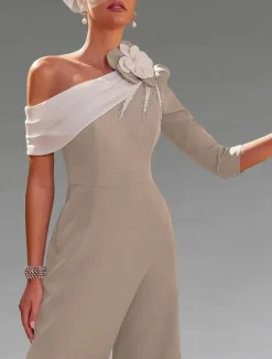 Jumpsuits Mother of the Bride Formal Elegant Vintage One Shoulder Floor Length Stretch Fabric with Cascading Ruffles Color Block Solid Color Race Day Dress