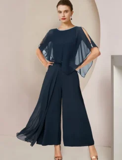 Jumpsuits Mother of the Bride Formal Wedding Guest Elegant Party Scoop Neck Ankle Length Chiffon Sleeveless with Beading