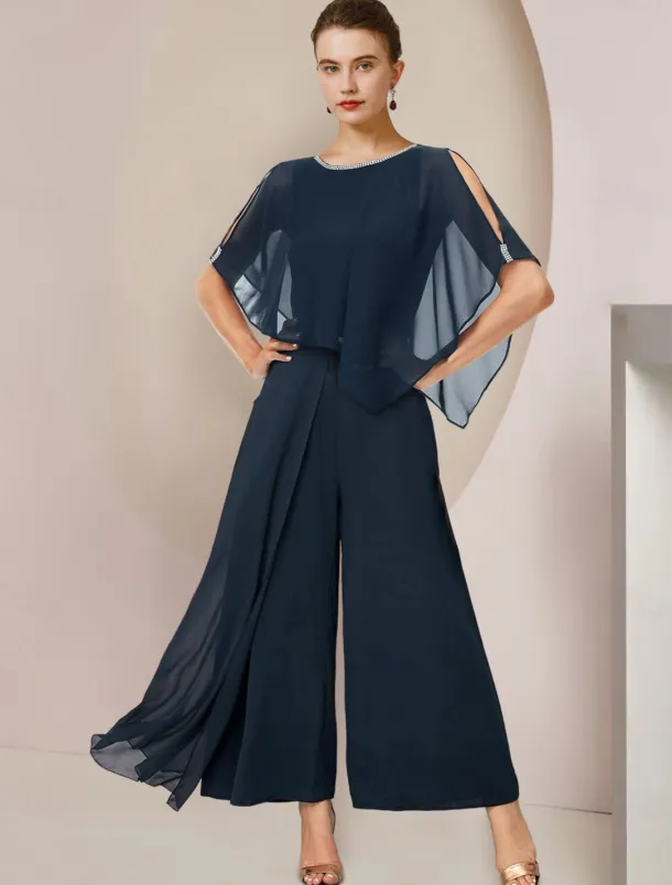 Jumpsuits Mother of the Bride Formal Wedding Guest Elegant Party Scoop Neck Ankle Length Chiffon Sleeveless with Beading