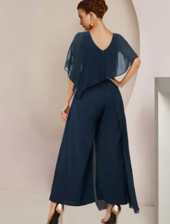 Jumpsuits Mother of the Bride Formal Wedding Guest Elegant Party Scoop Neck Ankle Length Chiffon Sleeveless with Beading