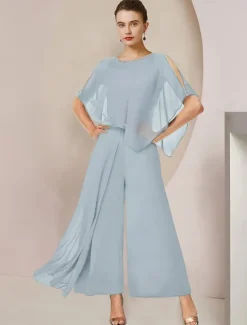 Jumpsuits Mother of the Bride Formal Wedding Guest Elegant Party Scoop Neck Ankle Length Chiffon Sleeveless with Beading