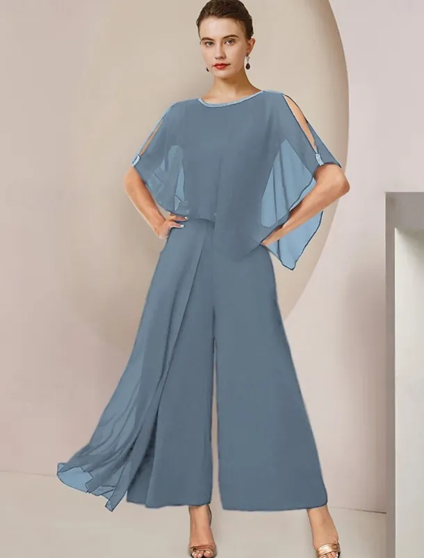 Jumpsuits Mother of the Bride Formal Wedding Guest Elegant Party Scoop Neck Ankle Length Chiffon Sleeveless with Beading