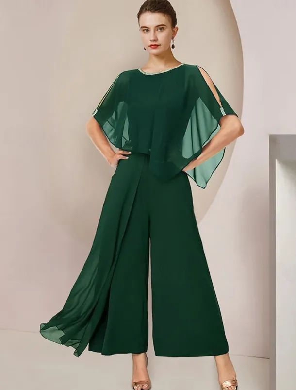 Jumpsuits Mother of the Bride Formal Wedding Guest Elegant Party Scoop Neck Ankle Length Chiffon Sleeveless with Beading